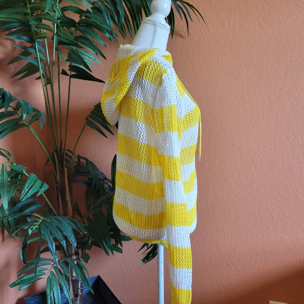 3/$25 Quacker Factory Open Knit Crochet Beach Sweater Hoodie Zipper Stripe Med - Picture 4 of 12